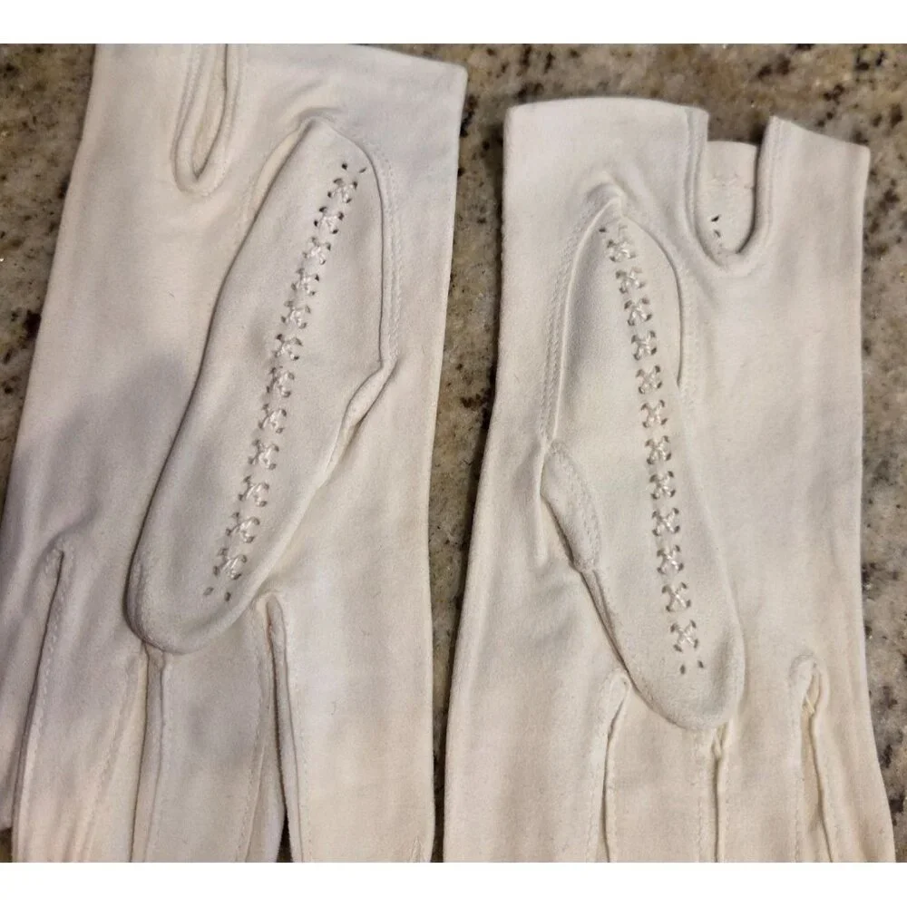 Vintage Womens Size XS Off-White Suede Short Formal Gloves Cross Stitch Stripe